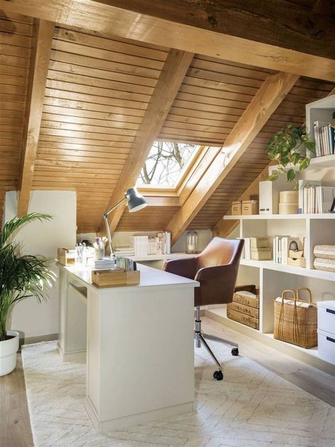 Home Office In Attic, Attic Working Space, Office With Vaulted Ceiling, Attic Room Office, Aesthetic Attic Room, Small Attic Office, Room Ideas Attic, Loft Office Space, Attic Office Ideas