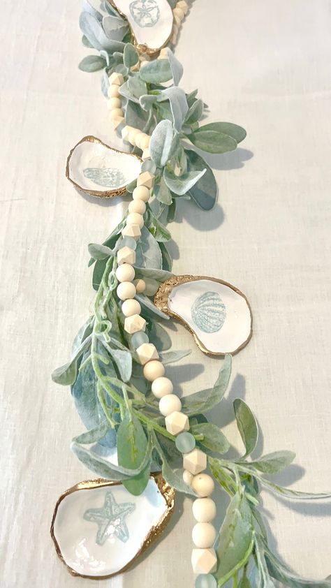 Coastal Dinner Party Sea Glass and Shell Garland Centerpiece & Oyster Napkin Ring Decor Set. Decoupaged Oyster Shell Beach Party Decor Idea - Etsy Oyster Themed Engagement Party, Oyster Engagement Party, Coastal Party Decor, Coastal Party Theme, Coastal Engagement Party, Coastal Theme Party, Oyster Centerpiece, Beach Themed Engagement Party, Coastal Dinner Party