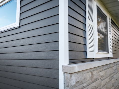 Shake Shingle Siding, Siding Ideas Exterior, Mastic Vinyl Siding, Mastic Siding, Vertical Vinyl Siding, Grey Vinyl Siding, Vinyl Soffit, Vinyl Siding Colors, Siding Styles