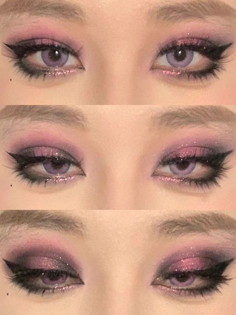 Pastel Pink And Purple Makeup, Makeup Ideas Edgy, Oppenheimer Makeup, Y2k Eyeshadow Looks, Stargirl Makeup Tutorial, Gloomy Bear Makeup, Cutesy Makeup Looks, Raven Makeup Titans, Dark Pink Makeup Looks