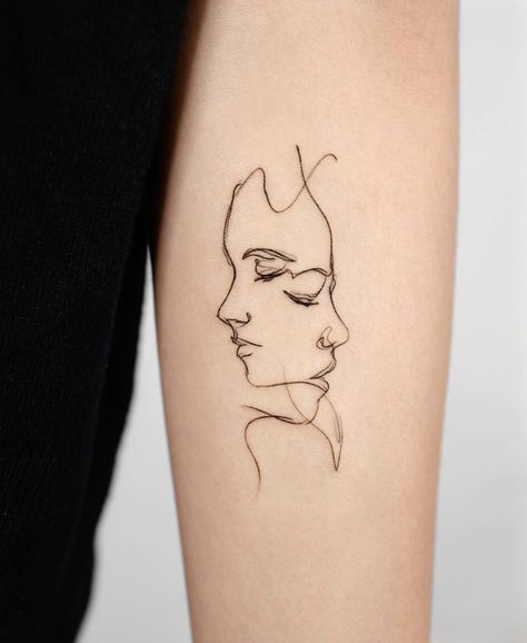 Abstract Face Tattoo For Women, 2 Face Line Tattoo, Face Silouette Tattoo Woman, Fine Line Woman Face Tattoo, Faces Outline Tattoo, Line Face Tattoos For Women, Gemini Face Tattoo For Women, Linework Face Tattoo, Masking Tattoo