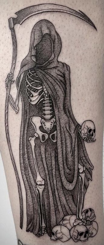 Skull Tattoo Thigh Women, Skeleton Leg Tattoos Women, Gothic Tattoo Ideas Beautiful, Dark Thigh Tattoos For Women, Dark Feminine Tattoos Thigh, Realistic Ghost Tattoo, Dark Female Tattoos, Spooky Forearm Tattoo, Gothic Leg Sleeve Tattoo