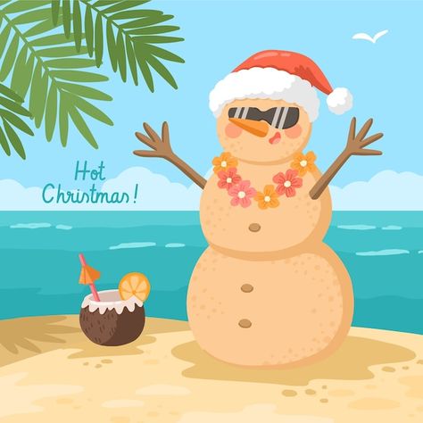 Christmas In July Illustrations, Christmas In The Tropics Decor, Summer Xmas Decorations, Tropical Christmas Painting, Tropical Christmas Illustration, Summer Christmas Illustration, Summer Christmas Decorations, Surf Christmas, Santa On The Beach