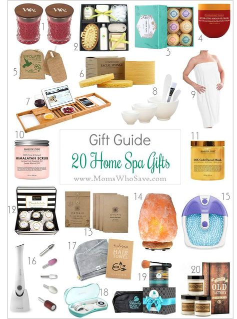 Gift Guide -- 20 Home Spa Gifts  https://momswhosave.com/2018/11/gift-guide-home-spa-gifts.html/  #Christmas #holiday #beauty  #gifts #giftguide #spaday Spa Gift Ideas, Couples Spa Day, Spa Day For Kids, Spa Day Gifts, Couples Spa, Spa Basket, Kids Spa, Spa Gift Basket, Spa Day At Home