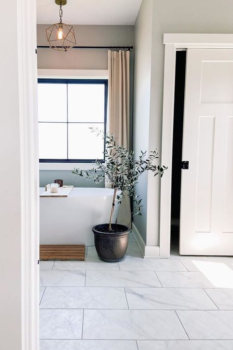 White Floor Bathroom Tile, Farmhouse Bathroom Marble Floor, Lvp Tile Bathroom, Bathroom Tile Modern Farmhouse, Marble Floor Bathroom Decor, Bathroom With White Marble Floor, Grey White Tile Bathroom, Marble Lvt Floor Bathroom, Marble Look Vinyl Flooring