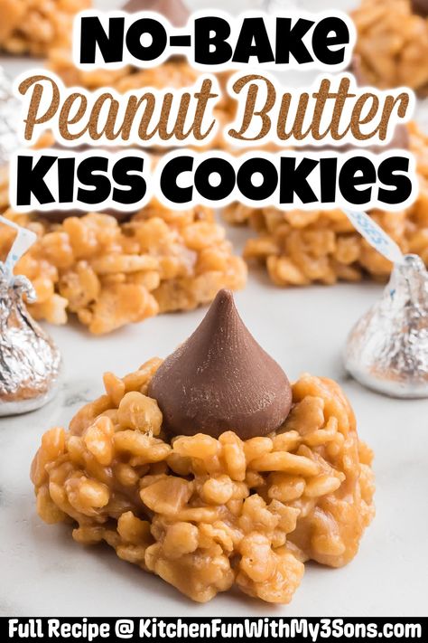 Six Sisters No Bake Peanut Butter Kiss Cookies, No Bake Peanut Butter Kisses, Chex Mix Cookies, No Bake Peanut Butter Blossoms Hershey Kiss Cookies, Rocky Road No Bake Cookies, No Bake Peanut Butter Kiss Cookies, Hershey Kiss Recipes, No Bake Rice Crispy Treats, Hershey Kiss