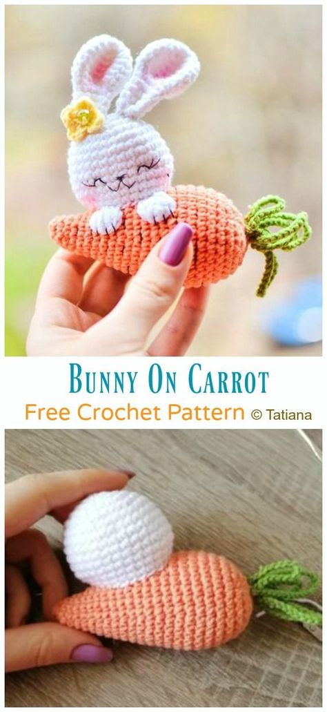 Crochet Bunny On Carrot Amigurumi Free Pattern - #Amigurumi; Bunny Free Crochet Patterns Crochet Toys Free Patterns, Crochet Toys Free, Crochet Easter, Crochet Bunny Pattern, Easter Crochet Patterns, Amigurumi Bunny, Bunny Crochet, Pola Amigurumi, Haken Baby