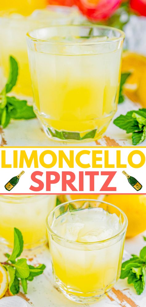 Limoncello Spritz - 🍋 An EASY, refreshing, and perfectly lemony drink with just 3 key ingredients including prosecco, limoncello, and club soda! No fancy bartending skills needed to impress your friends and family and feel like you're transported to Italy while sipping on one of these bubbly lemon beauties!'re transported to Italy while sipping on one of these bubbly lemon beauties! Lemoncello Spritzers Recipe, Prosecco Limoncello, Lemon Cello, Lemon Recipes Easy, Easy Drinks To Make, Limoncello Spritz, Fish Pasta, Easy Alcoholic Drinks, Homemade Limoncello