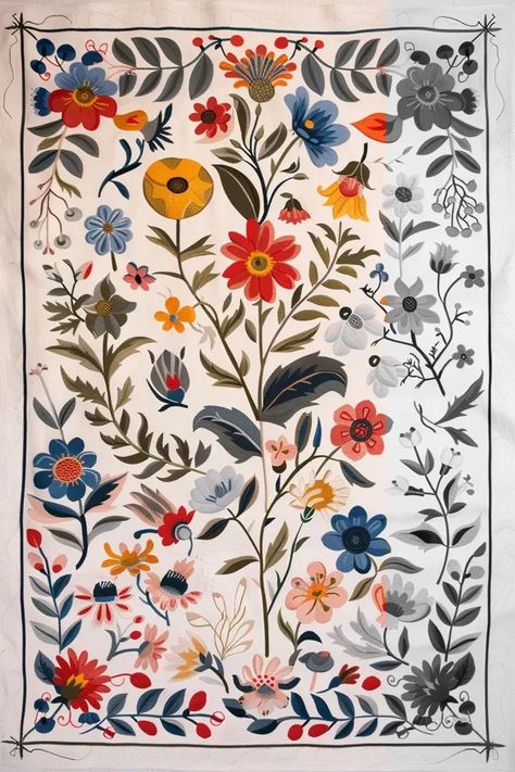 Full Color Image in ai-img-gen.com 🔸 A tapestry for a Swedish folk art wedding featuring minimal floral design with colors and bold outli... 🔸 From Midjourney AI Image Folk Art Wedding, Folk Botanical, Random Idea, Swedish Folk Art, Symmetrical Pattern, Color Image, Botanical Design, Yellow And Pink, Art Wedding