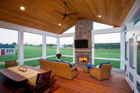 Elevated Screened Porch and Patio with Outdoor Fireplace in Sykesville, MD - Rustic - Porch - Baltimore - by Design Builders, Inc. | Houzz Porch And Patio, Two Sided Fireplace, Screened Porch Designs, Rustic Porch, Porch Design, Brick Fireplace, Screened In Porch, Screened Porch, Outdoor Fireplace