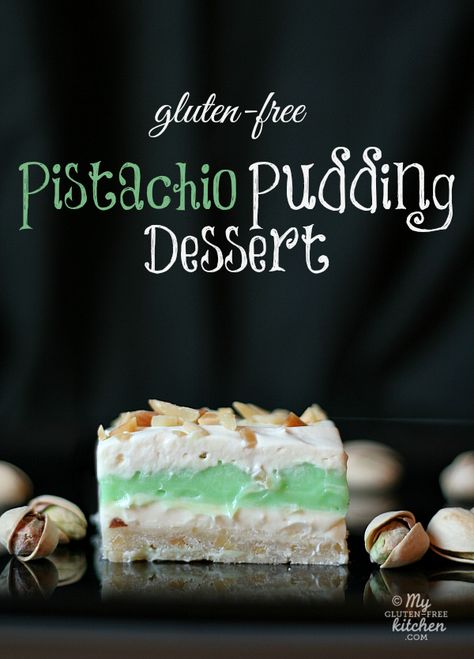 Gluten-free Pistachio Pudding Dessert - simple to make dessert! You can use other flavors of pudding in this too! Pistachio Pudding Dessert, Pistachio Dessert Pudding, Pistachio Dessert, Coconut Dessert, Gluten Free Kitchen, Pudding Dessert, Pistachio Pudding, Brownie Desserts, Easy To Make Desserts