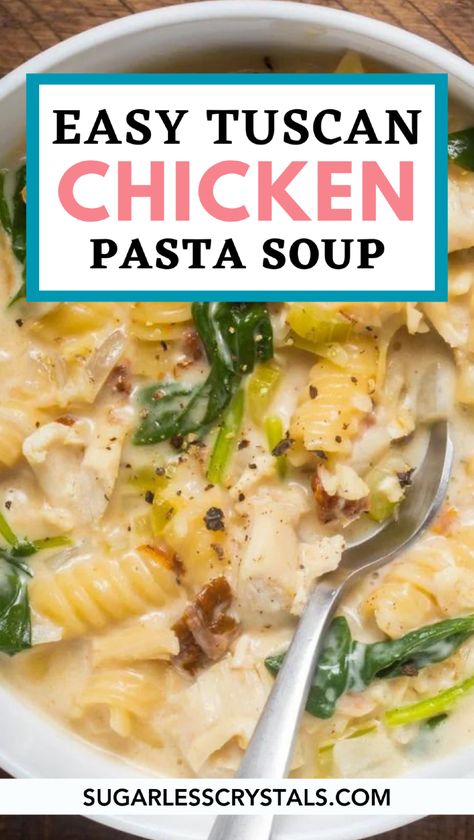 Experience the authentic flavors of Italy with this classic Tuscan chicken soup recipe. This hearty dish features a creamy, wine-based broth, tender chicken, and sun-dried tomatoes, all topped with nutty Parmesan cheese. Perfect for a cozy dinner, this soup is a celebration of Tuscan culinary traditions. Whether you're craving Italian cuisine or need a comforting meal, this easy Tuscan chicken soup is sure to satisfy. Enjoy the taste of Tuscany in every spoonful! Tuscany Chicken Soup, Creamy Tuscan Chicken Soup, Chicken Soup With Pasta, Easy Tuscan Chicken, Tuscan Chicken Soup, Shrimp And Corn Soup, Chicken Pasta Soup, Creamy Tuscan Chicken, Tuscan Chicken Pasta