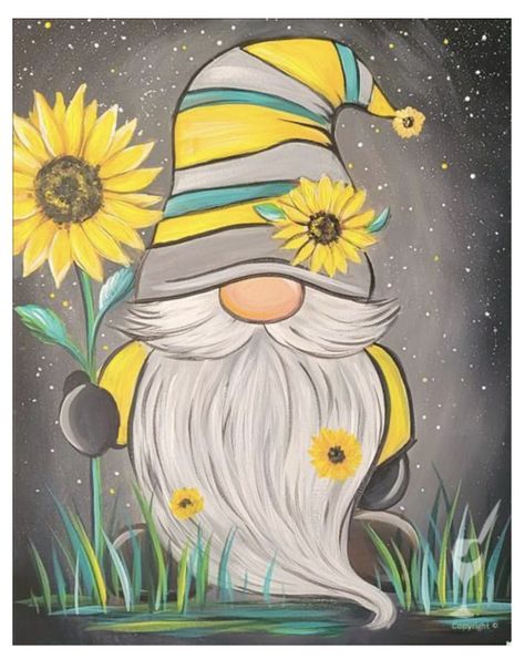 Spring Painting Ideas On Canvas, Acrylic Painting Knomes, Gnome Fall Painting, Paint A Gnome Canvas, Sunflower Gnome Painting, Gnome And Sunflower Painting, Gnome Spring Painting, Painted Gnomes, Gnome Painting