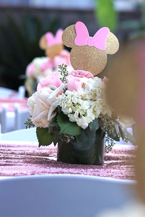 Floral guest table centerpiece from a Glamorous Floral Minnie Mouse Birthday Party on Kara's Party Ideas | KarasPartyIdeas.com (4) Minnie Mouse Centerpieces, Minnie Mouse Birthday Theme, Minnie Mouse Birthday Party Ideas, Minnie Mouse Party Decorations, Minnie Mouse Theme Party, Minnie Mouse Birthday Party Decorations, Twodles Birthday, Minnie Mouse First Birthday, Minnie Mouse Birthday Decorations