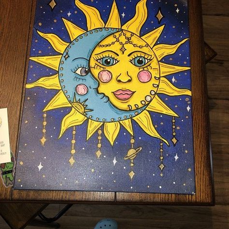 Sun And Moon Painting Canvases Easy, Day And Night Painting, Moon And Sun Painting, Sun And Moon Painting, Painting Trippy, Trippy Decor, Bus Trip, Art Sunflower, Art Trippy