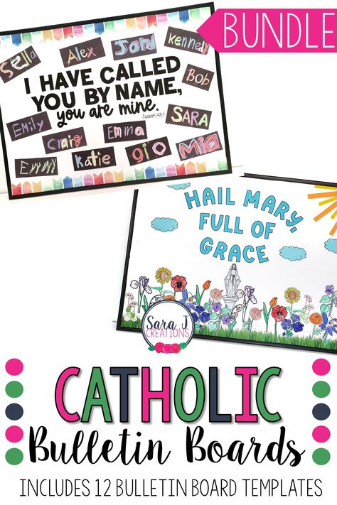 12 bulletin boards to use in your Catholic classroom. Includes templates to be able to print and cut each board. Classroom Bulletin Board Ideas Preschool, All Saints Day Bulletin Board Ideas, 2nd Grade Ccd Lesson Plans, Catechism Bulletin Board Ideas, St Francis Of Assisi Bulletin Board, Catholic Preschool Bulletin Boards, Hope Bulletin Board Ideas, Welcome Back To School Bulletin Boards Catholic, Religious Back To School Bulletin Boards