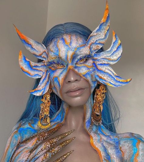 Drian Bautista Makeup, Blue Halloween Makeup, Characters With Blue Hair, Blue And Gold Makeup, Trippy Makeup, Marble Makeup, Fish Makeup, Angel Makeup, Media Makeup