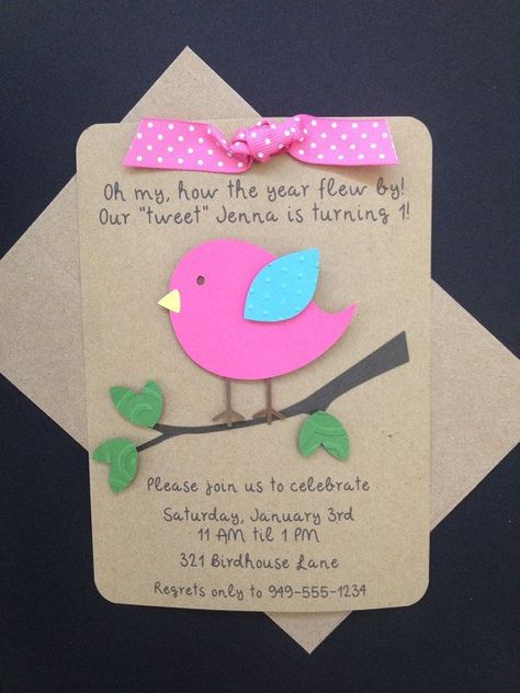 Little Birdie with Ribbon Handmade Invitations Custom Made for Birthday Party or Baby Shower on Kraft Paper, Set of 8 Invites Handmade Baby Shower Invitations, Bird Invitation, Bird Birthday Parties, Bird Party, Handmade Invitations, Bird Birthday, Birthday Invitations Kids, Baby Birthday, 1st Birthday Parties