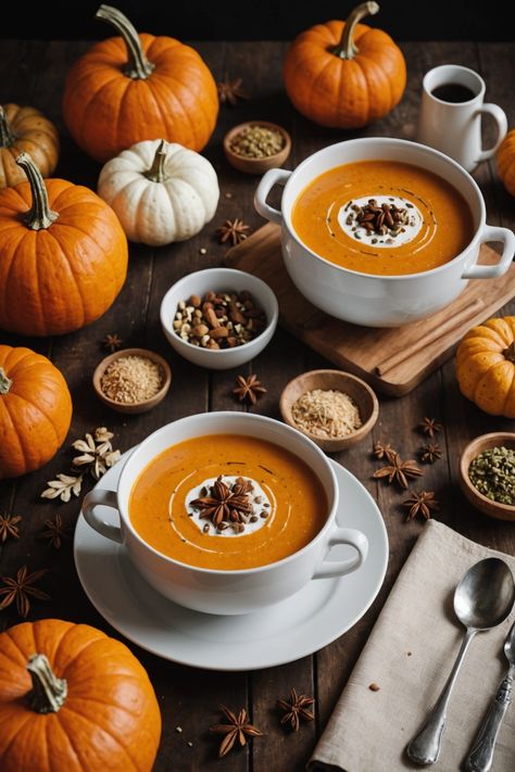 A photo of a  Pumpkin Spice Fall Soup which is a type of Fall Soups Cozy Soups For Fall, Pumpkin Spice Soup, Fall Soup Bar Ideas, Fall Harvest Aesthetic, Autumn Cooking Aesthetic, Fall Soup Aesthetic, Cozy Autumn Food, Pumpkin Soup Aesthetic, Fall Dinner Aesthetic