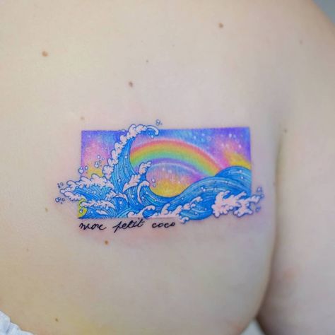 chewy jelly🧠 on Instagram: “The waves with rainbow🌈 (+Grandma Lettering) 서울 🇰🇷 6월 예약가능 !” Tattoo Inspo, Watercolor Tattoo, Jelly, Pastel, Rainbow, My Style, Tattoos, On Instagram, Instagram