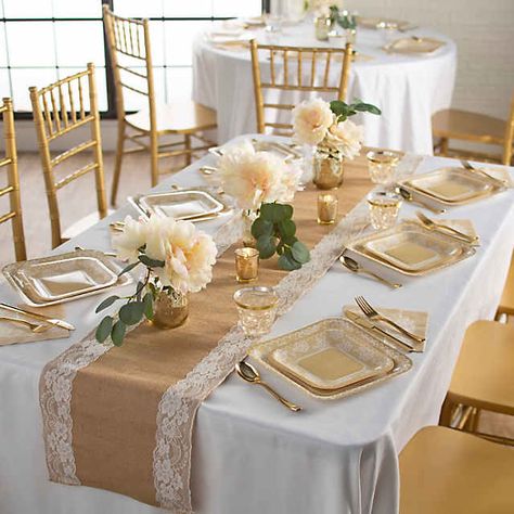 Burlap and Lace Party Tableware for 24 Guests | Oriental Trading Burlap And Lace Table Runner, Burlap Table Runner Wedding, Burlap Table Decorations, Burlap Wedding Decor, Burlap Wedding Table, Round Table Settings, Burlap Party, Burlap Wedding Decorations, Wedding Burlap