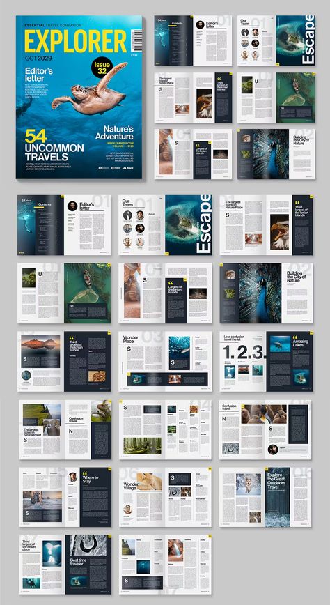 Modern Travel Magazine Template InDesign INDD, IDML. 36 Pages. Newsletter Magazine Design, One Page Layout Design, A5 Magazine Layout, Magazine Layout Ideas Graphic Designers, Magazine Book Design, Page Layouts Design, Magazine Travel Design, Travel Magazine Layout Design Creative, Magazine Index Design