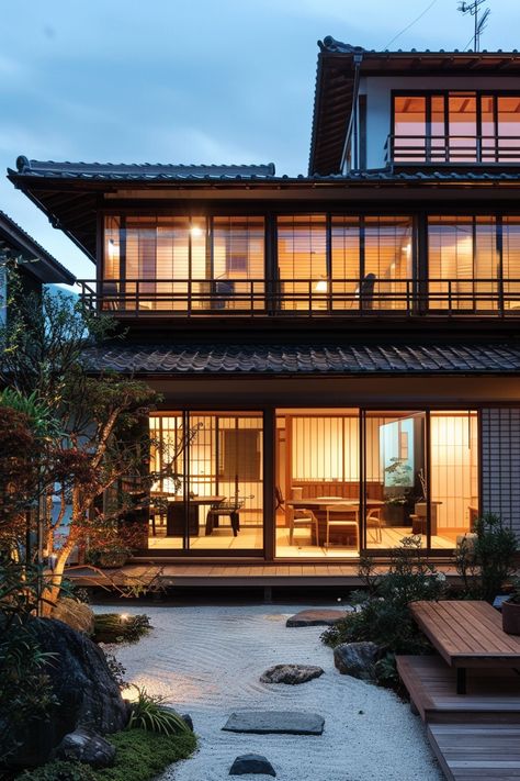 Discover calm and contemporary Japanese houses that blend modern design with traditional aesthetics. 🏡🍃 Create contemporary calm. Luxurious Japanese House, Malaysian Traditional House, Japanese Vacation, Homes In Japan, Modern Zen House, Japanese Modern House, Modern Japanese House, Japanese Homes, Japan Traditional House