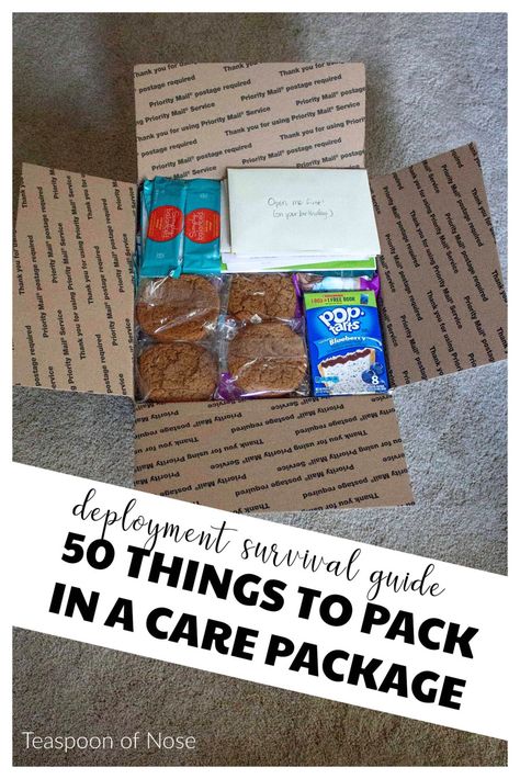 Whether for a deployed military member or college student, today we rounded up 50 things to pack in a care package! Navy Care Package, Care Package Themes, Army Care Package, Military Care Package Ideas, Soldier Care Packages, Deployment Care Package Ideas, Deployment Packages, Military Care Packages, Deployment Ideas