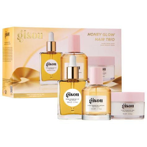 Honey Glow Icons Bestsellers Gift Set - Gisou | Sephora Sephora Holiday, Healthy Shiny Hair, Glow Hair, Sweet Perfume, Hair Care Gifts, Perfume Samples, Signature Fragrance, Hair Perfume, Hair Setting