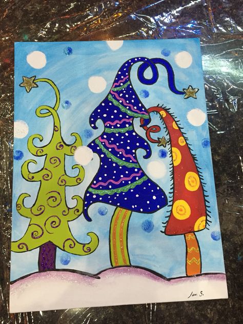 Dr Seuss/whoville Christmas tree painting. Love!! Whoville Christmas Painting, Whoville Painting Ideas, Whoville Tree Drawing, How To Draw Whoville Houses, Whoville Art Projects For Kids, Grinch Christmas Tree Painting, Whoville Drawing, Whoville Painting, Christmas Classroom Games