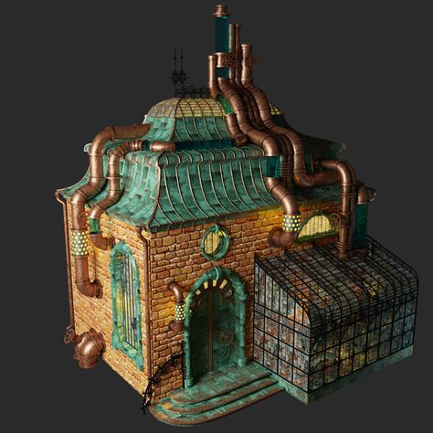 Steampunk Hideout, Steampunk Fantasy House Concept Art, Steampunk Architecture Concept Art, Steampunk Factory Concept Art, Steam Punk Buildings, Minecraft Steampunk Village, Steampunk Exterior, Steampunk City Minecraft, Steampunk House Concept Art