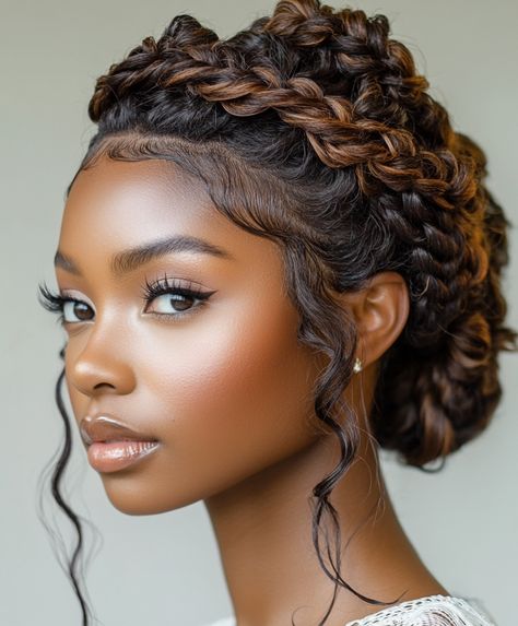 💅 Curly Updo With Braid Glamorous Braids Updo Hairstyle Updos With Braids For Black Women, Hair For Graduation Cap, Wedding Braids Black Women, Duchess Braids, African American Updo Hairstyles, Intricate Updo, Updo With Braid, Braided Updo Hairstyles, Bride Hairstyles For Long Hair