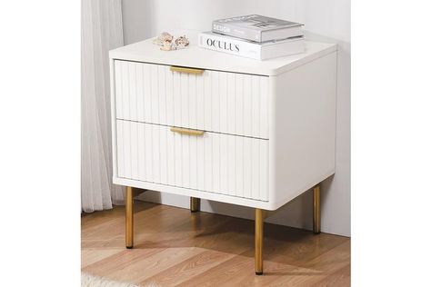 Dresser Bedside Table, Brass Bedside, White Facade, Bedside Table Set, Art Deco Elements, Drawer Bedside Table, Wardrobe Furniture, White Storage, Drawer Shelves