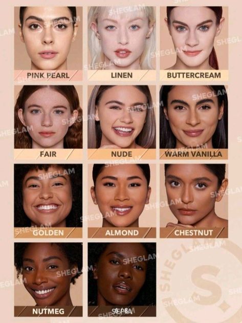 Pink Pearl, Linen, Buttercream, Fair, Nude, Warm Vanilla, Golden, Almond, Chestnut, Nutmeg, Sepia Almond Skin Tone, Chestnut Eyes, Skin Tone Chart, Concealer Shades, Bright Eyes, Pink Pearl, Crochet Handbags, Skin Tone, Chestnut