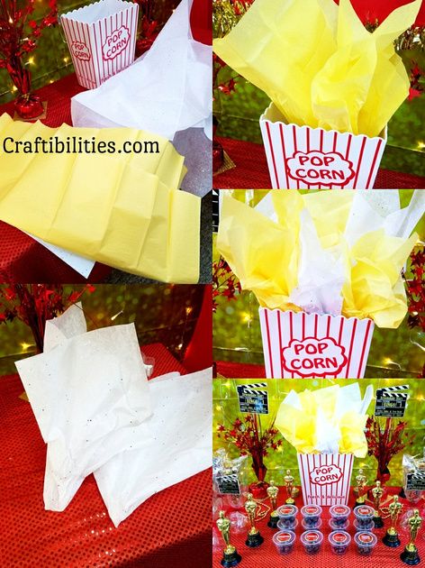 Super easy table decorations. Yellow and white tissue paper in popcorn buckets. RED CARPET event - Movie Night / Oscars Theme - fancy party ideas - decorations, favors, treats, photo booth, awards, dress - PHOTOS Popcorn Table Decorations, Popcorn Centerpieces Table Decorations, Movie Night Party Favor Ideas, Popcorn Bucket Centerpiece, Movie Night Centerpieces, Tissue Paper Popcorn, Popcorn Table Ideas, Movie Night Centerpiece Ideas, Movie Theme Centerpieces