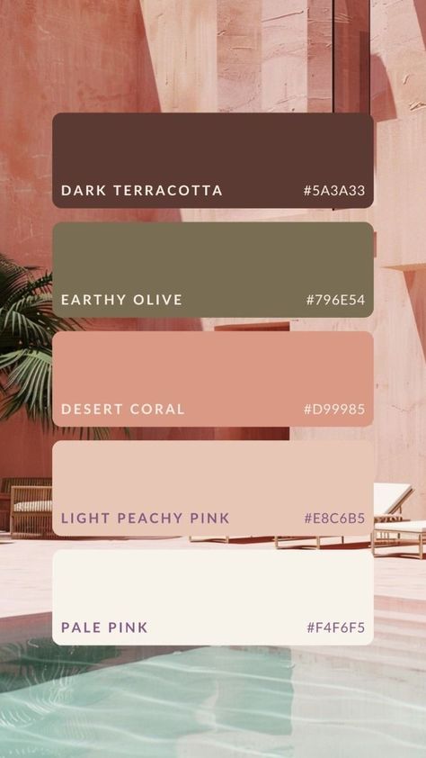 Earthy Pink Palette, Terracotta Hex Code, Pink And Terracotta Color Palette, Pale Colors Aesthetic, Peachy Pink Color Palette, Dark Coral Aesthetic, Hacienda Color Palette, Wellness Brand Color Palette, Warm Tones Aesthetic