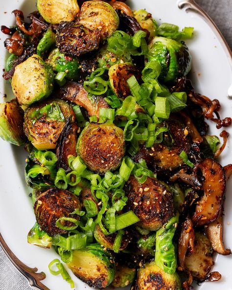 Brussel Sprouts And Mushrooms, Brussels Sprouts And Mushrooms, Japanese Spices, Mushroom Recipe, Vegetable Side Dishes Recipes, Sprout Recipes, Spicy Pork, Brussels Sprouts Recipe, Tried And True Recipes