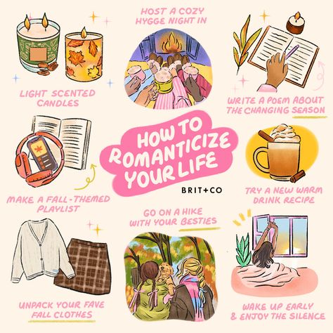 Looking to add some ✨sparkle✨ to your daily routine? Here are some easy ways to romanticize your life ahead of the new season:⁠ ⁠ light scented candles 🕯️ ⁠ host a cozy hygge night in 🔥 ⁠ write a poem about the changing season 💌 ⁠ make a fall-themed playlist 🎶 ⁠ try a new warm drink recipe ☕️ ⁠ unpack your fave fall clothes 🧣 ⁠ go on a hike with your besties �🏔️ ⁠ wake up early & enjoy the silence 🌅 ⁠ ⁠ #romanticizeyourlife #selflove #selfcare #selflovetips #budgetfriendly #maincharacter #well... Romanticize Fall, Write A Poem About, Warm Drinks Recipes, Write A Poem, Romanticize Your Life, Cozy Hygge, How To Become Smarter, Wake Up Early, Enjoy The Silence