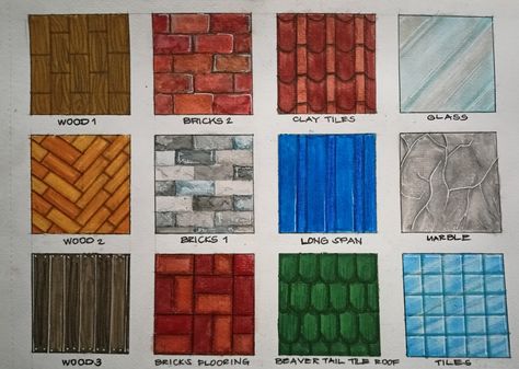 Architectural Materials Drawing, Marker Rendering Materials, Textures Architecture Drawing, Material Drawing Texture, Watercolor Texture Architecture, Marker Texture Drawing, Architectural Rendering Markers, Material Rendering Texture, Different Materials Texture Drawing