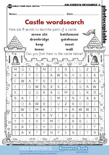 Find the Castle-related topic words in this wordsearch activity sheet. Medieval Coloring Pages Free Printable, Knights And Castles Topic, Castles Topic, Castle Classroom, Castles And Dragons, Middle Ages History, Knights And Castles, Castle Crafts, Castle Project