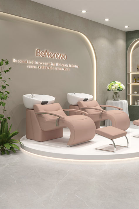 @BeNoravo pink shampoo bed is not only the perfect choice for hair salons, but also an ideal choice for home beauty care. The soft pink tone, combined with ergonomic design, brings the ultimate comfort and fashion. Hair Salon Chairs Ideas, Spa Chair Design, Beauty Salon Decor Luxury, Small Beauty Salon Ideas, Salon Backwash, Beauty Salon Interior Luxury, Beauty Salon Interior Design Ideas, Pink Shampoo, Salon Interior Design Ideas