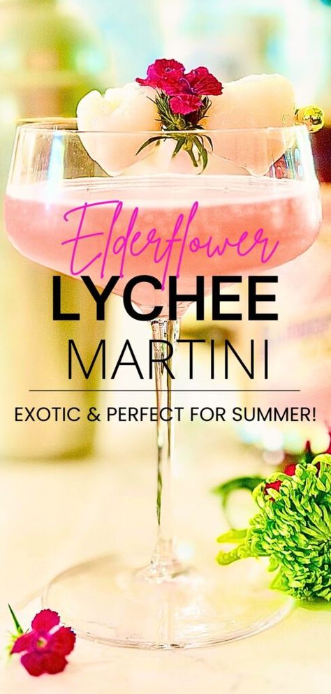 Elderflower Lychee Martini Lychee Recipes, Beer Mixed Drinks, Lychee Cocktail, Elderflower Cocktail, Alcoholic Punch Recipes, Lychee Martini, Lychee Fruit, Summertime Drinks, Martini Recipe