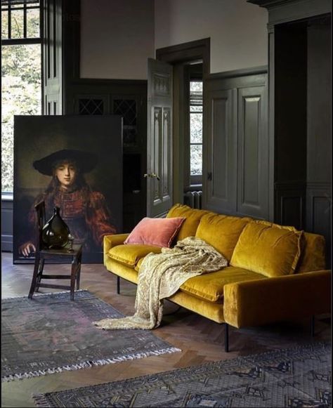 HKLiving Ochre Sofa Ochre Decor, Dark Maximalism, Retro Sofa, Inspiring Interiors, Decor Elements, Living Room Ideas, Black Walls, Tv Room, Small Living Rooms