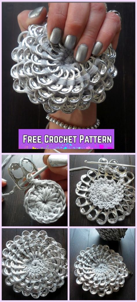 Crochet Pop Tab Flower Purse Free Pattern Pop Top Crochet Patterns, Soda Tab Crochet, Tab Ideas, Pop Tab Purse, Pop Can Crafts, Soda Tab Crafts, Pop Can Tabs, Can Tab Crafts, Pop Tab Crafts