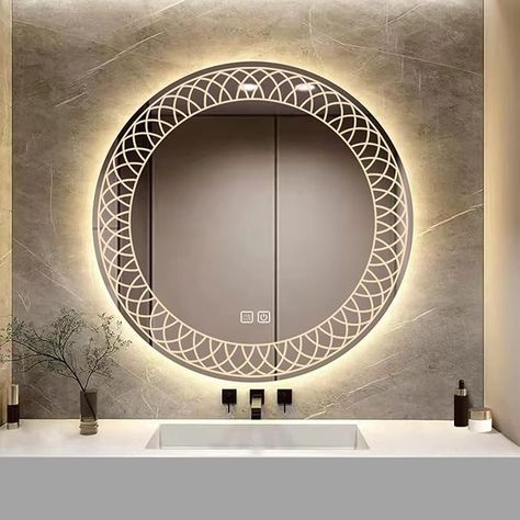 YOSHOOT Patterned 50cm Round Bathroom Mirror Wall Mounted with 3-Color Dimmable LED Light, Sleekest Illuminated Vanity Mirror, Anti-Fog Large Circle Makeup Mirror, IP44 (Kaleidoscope) : Amazon.co.uk: Home & Kitchen Circle Mirror Bathroom, Circle Makeup, Round Bathroom Mirror, Bathroom Mirror Wall, Round Bathroom, Mirror Lights, Led Bathroom Mirror, Luxury Mirror, Decorative Mirrors