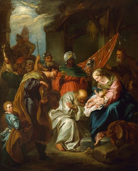 François Lemoyne - The Adoration of the Magi - BF.1989.4 - Museum of Fine Arts - Categoría: Pinturas de François Lemoyne - Wikimedia Commons Jean Antoine Watteau, The Adoration Of The Magi, Adoration Of The Magi, Corporate Christmas Cards, Roi Mage, Business Christmas Cards, Harvard Art Museum, Reflection Painting, 18th Century Paintings