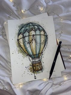 Small Painting Watercolor, Watercolor Hot Air Balloon Painting, Watercolor Painting On Book Pages, Hot Balloon Drawing, Watercolor And Fineliner Art, Watercolor Art Summer, Watercolor Art Ideas Sketchbooks, Watercolour Art Aesthetic, Hot Air Balloon Sketch