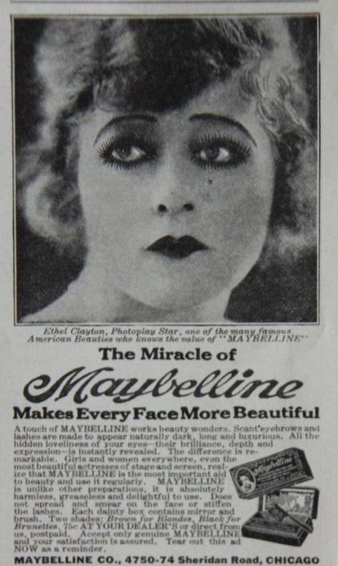 THE MAYBELLINE STORY Ethel Clayton, 20's Makeup, Vintage Maybelline, Art Deco Makeup, 1920s Aesthetic, 1920s Makeup, Vintage Makeup Ads, Low Ponytail Hairstyles, Beauty Ads