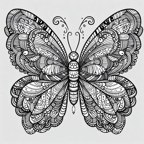 Zentangle Butterfly, Butterfly Drawing Outline, Zentangle Coloring Pages, Zentangle Flowers, Easy Mandala Drawing, Butterfly Mandala, Simple Mandala, Tangle Patterns, Easy Doodle Art