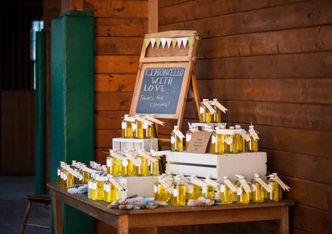 Limoncello Wedding Favor Display Limoncello Wedding Favor, Wedding Favor Display, Limoncello Wedding, Tuscan Wedding Theme, Favor Display, Bottle Opener Favors, Homemade Wedding Favors, Wedding Favor Table, Honey Wedding Favors